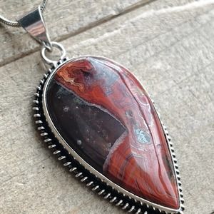Red Lace Agate Pendant Necklace in 925 Silver on 18" Silver Snake Chain #014
